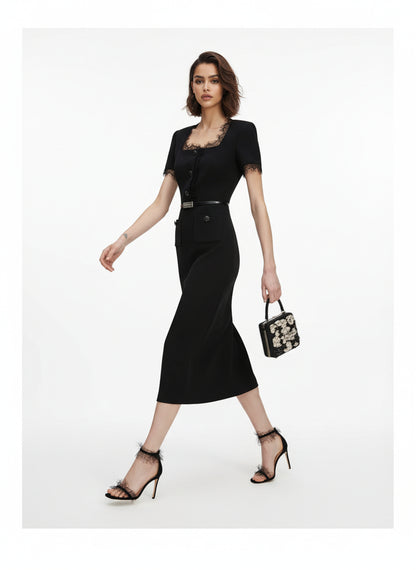 V&LOVE Square-Neck Silk Wool Lace-Trim Dress — view 7