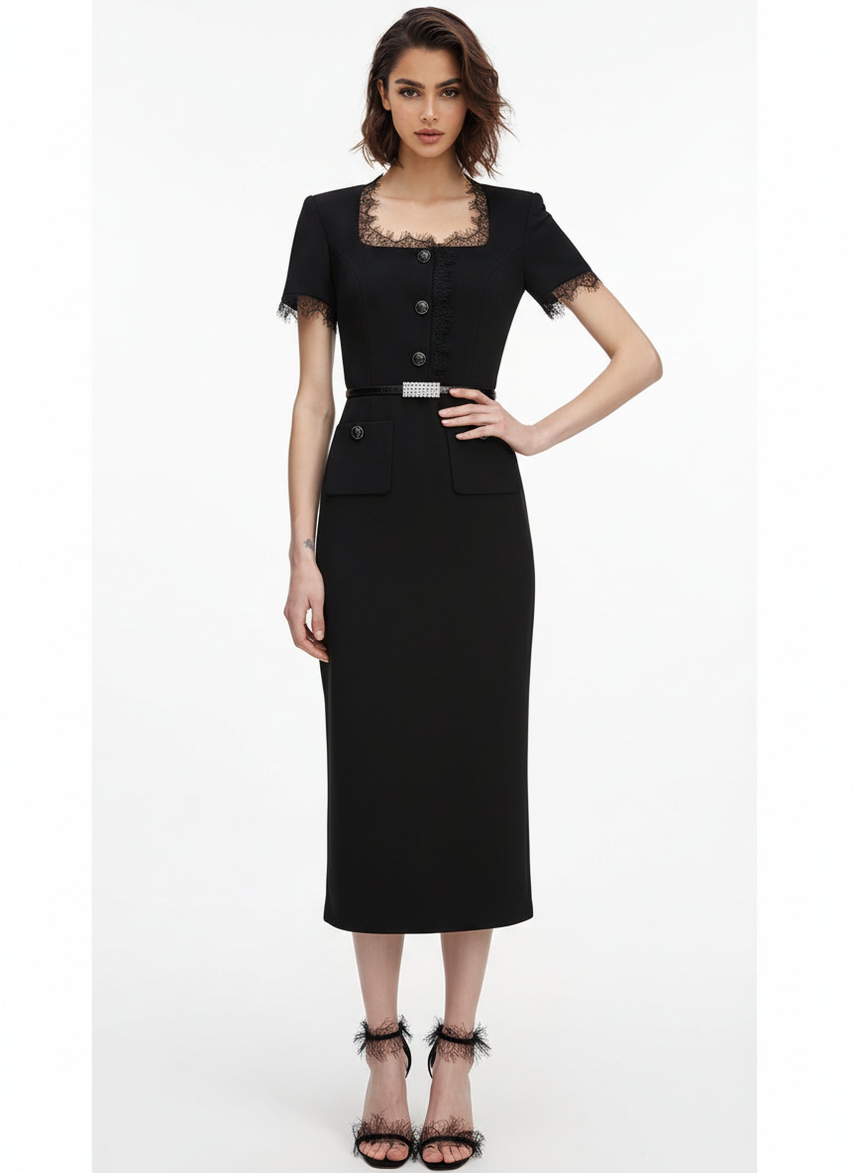 V&LOVE Square-Neck Silk Wool Lace-Trim Dress — view 8
