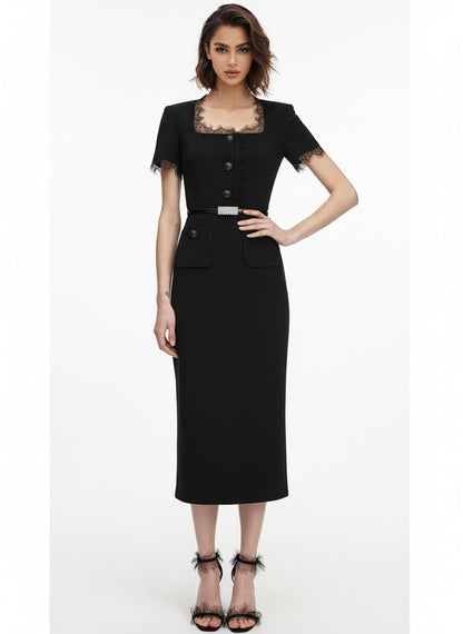 V&LOVE Square-Neck Silk Wool Lace-Trim Dress — view 8