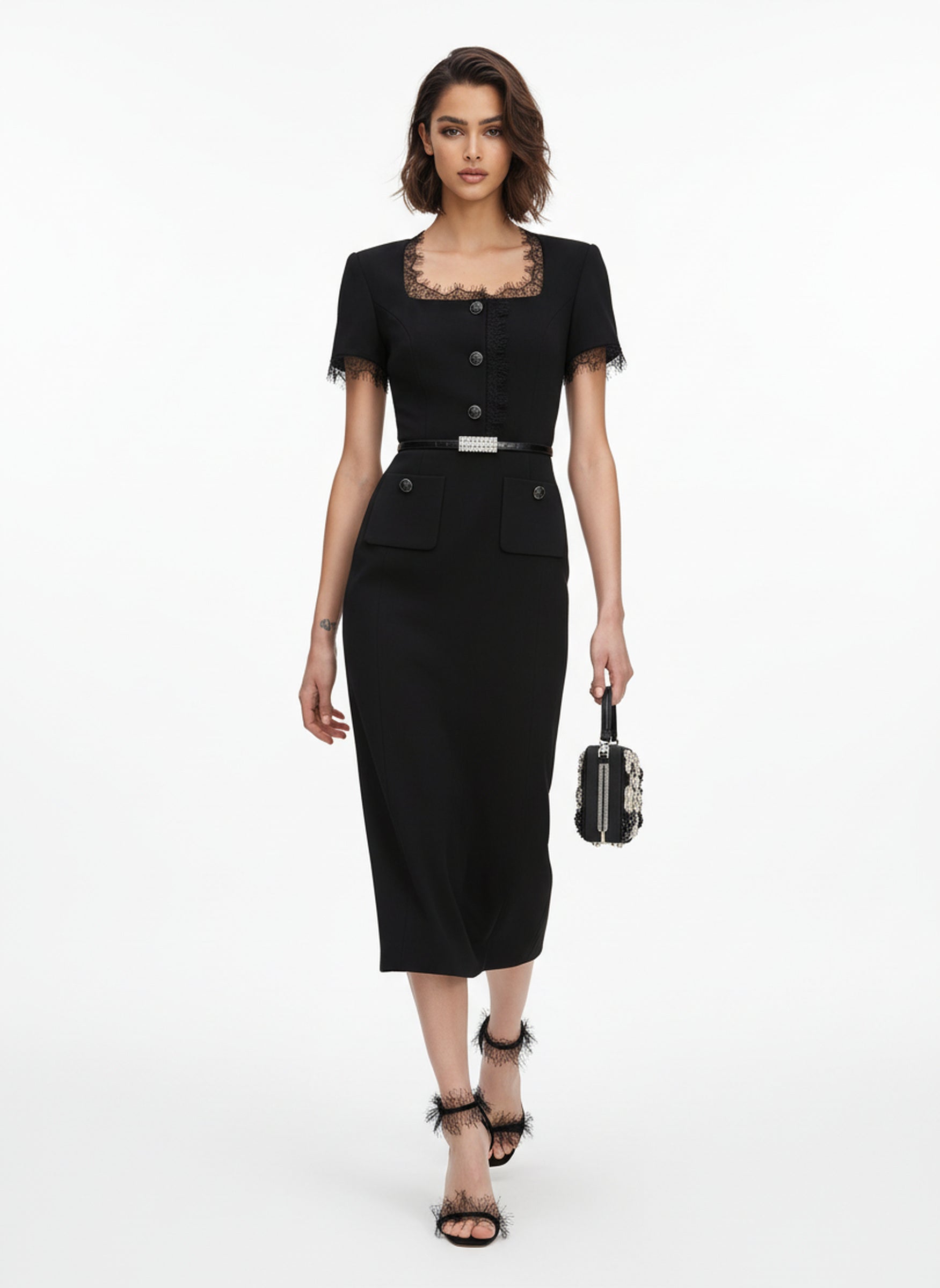 V&LOVE Square-Neck Silk Wool Lace-Trim Dress — view 9