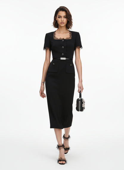 V&LOVE Square-Neck Silk Wool Lace-Trim Dress — view 9
